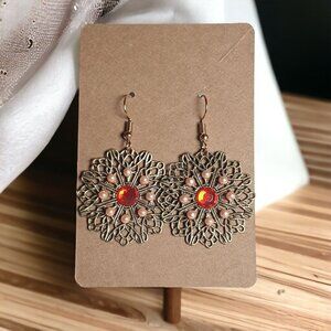 Brass Tone Filigree Dangle Plastic Rhinestone Vintage Earrings Women Jewelry Red